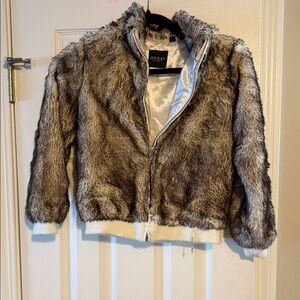 Guess Gray and White Faux Fur Jacket